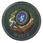 A circular logo with the text "Rockhounding World," featuring a pickaxe, layered rock, a glowing gemstone cluster, and a winding path or river in the background.