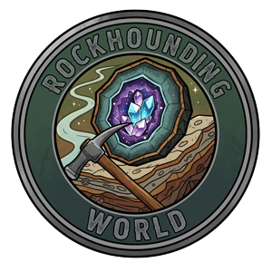 A circular logo with the text "Rockhounding World," featuring a pickaxe, layered rock, a glowing gemstone cluster, and a winding path or river in the background.